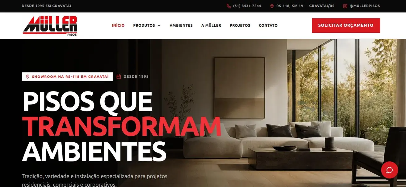 Captura real da página inicial do site Müller Pisos